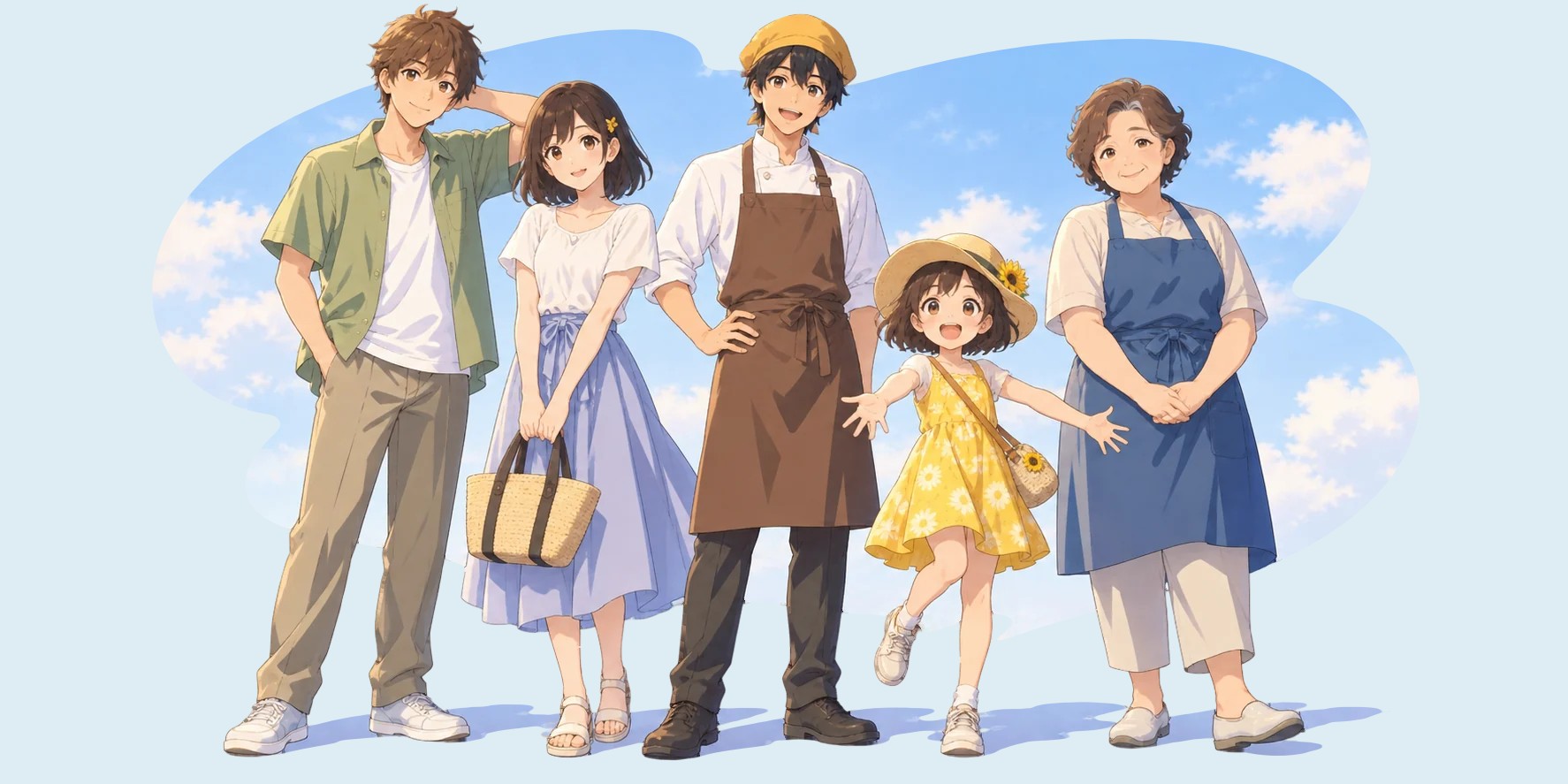 空、澪、莲、小葵与和子阿姨站在晴町的夏日天空前